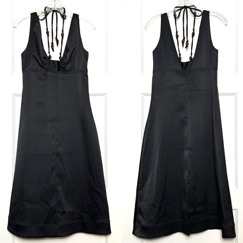 GANNI Satin Beaded Crisscross Halter Tie V-Neck Empire Waist Sleeveless Dress‎ S - Picture 9 of 14